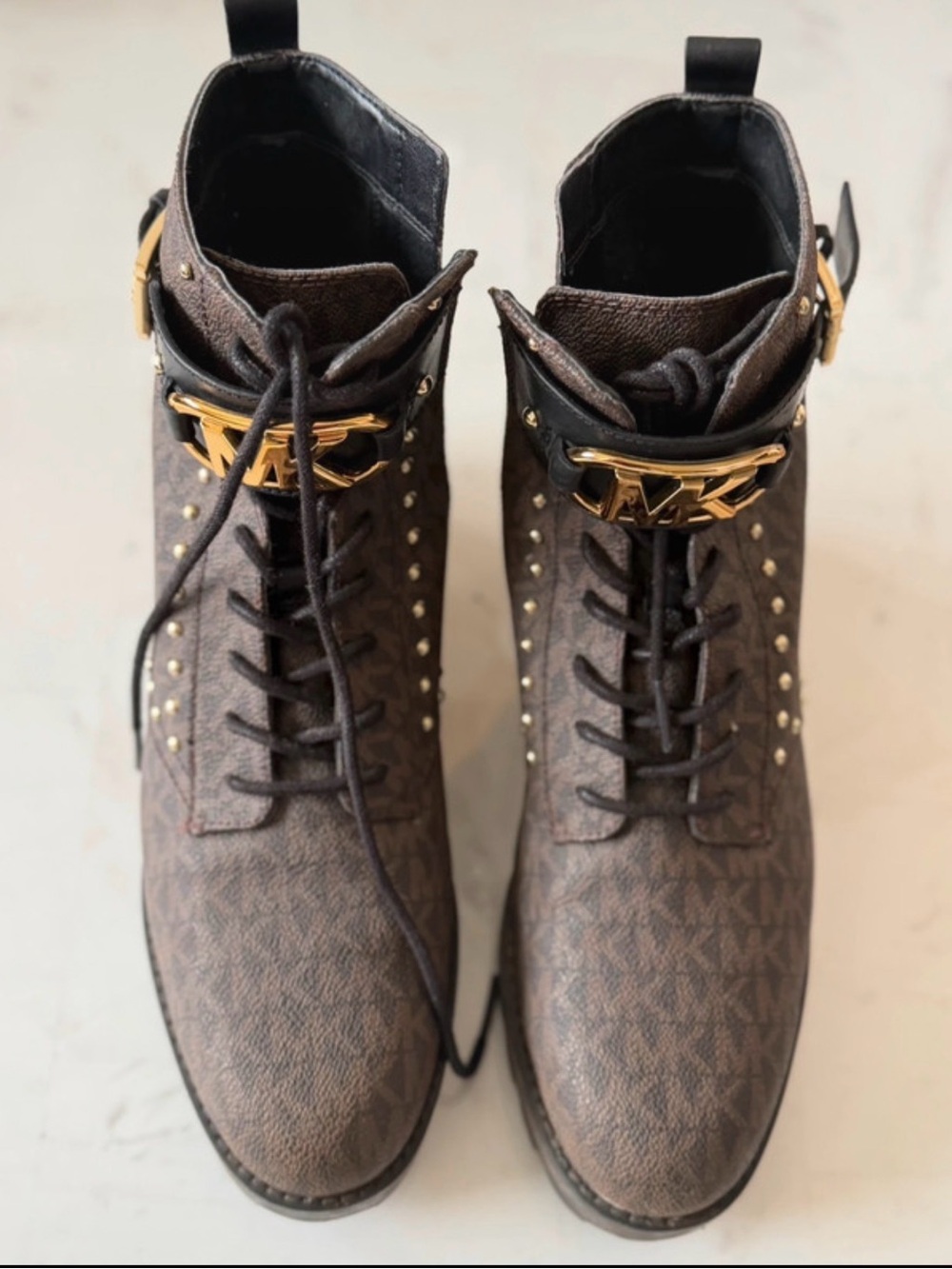 Michael Kors Brown Monogram Lace-Up Ankle Boots with Gold Hardware